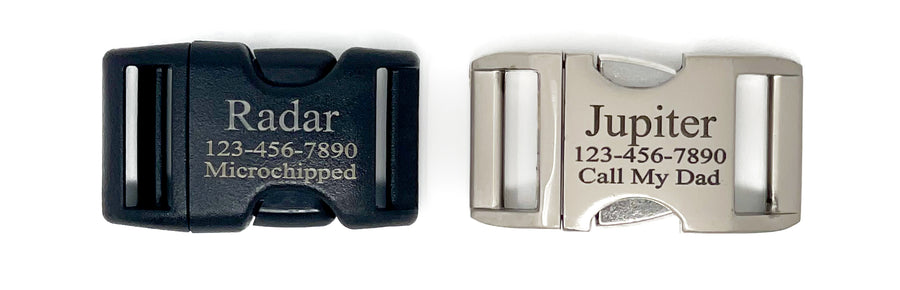 Two engraved buckles, one black plastic and one satin aluminum, etched with a dog name and phone number