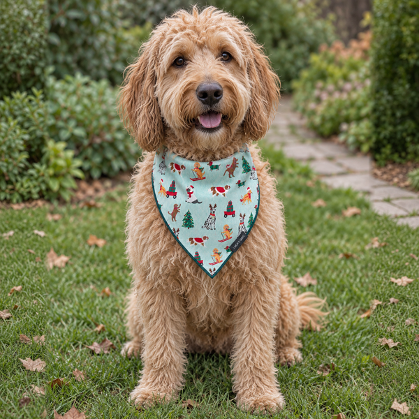 Golden wearing the Christmas Companions bandana